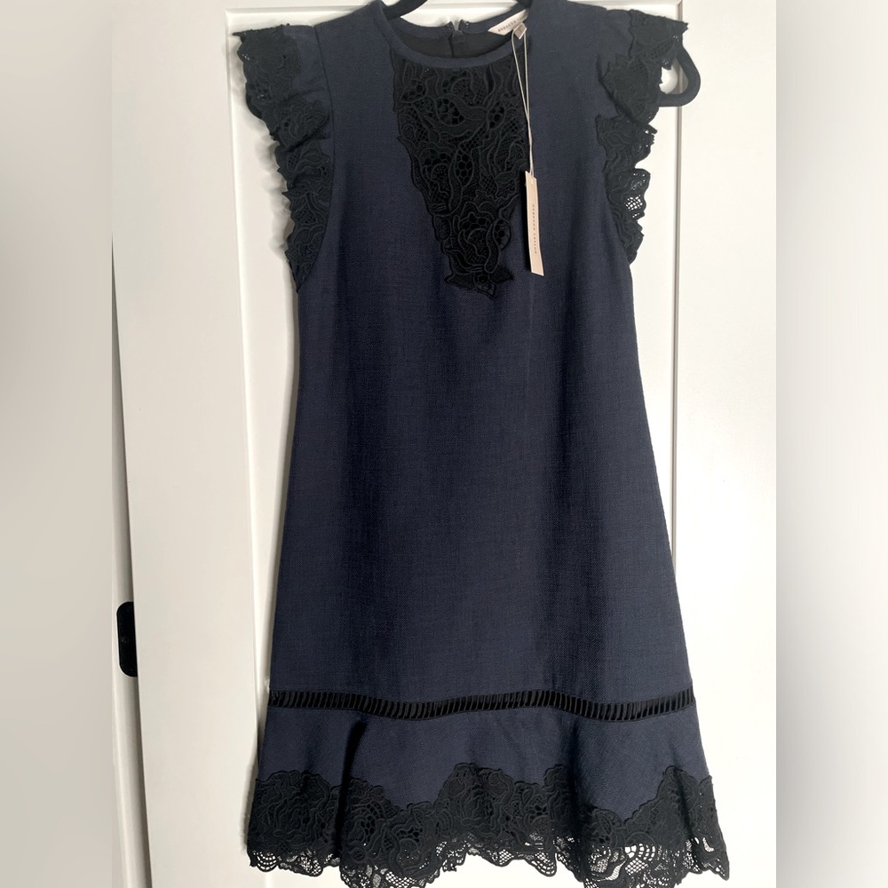 NWT Rebecca Taylor Navy/ Black A-line dress with lace details